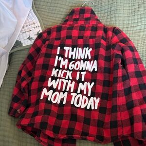 Red and Black Plaid Shirt with Graphic Text
